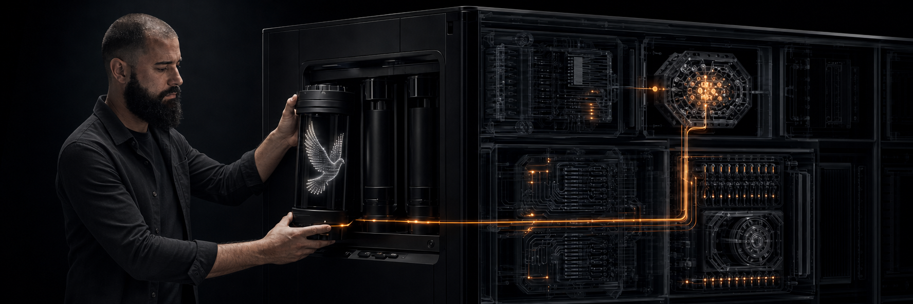 Loïc installe dans une machine un module Tamkin contenant une colombe en caractères ASCII